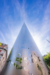 Close-up of a modern, shiny lace reaching into the sky, The Spire, Dublin, Ireland