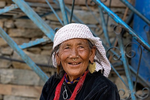 Portrait, friendly smiling elderly Nepalese woman, Hindu ethnic group, Simikot, Humla, Himalayas,