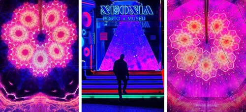 A man walks up the stairs to Neonia, an immersive museum that combines art, science and the history
