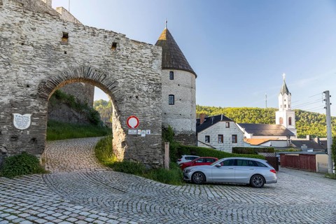 Castle ruins with Laurentius church, Elsterberg, Vogtland, Saxony, Germany