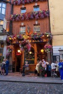 Lively pub with floral arrangements and people relaxing in a warmly lit setting, Dublin, Ireland