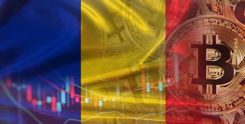 Bitcoin cryptocurrency with Romania flag, Investors in cryptocurrency and Blockchain with Romanian