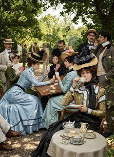 Afternoon at Egerländer, historical illustration, illustration, depiction, coffee drinking, tea,