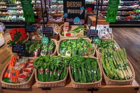 Vegetable and herb sales rack wrapped in banana leaves, Bangkok, Thailand