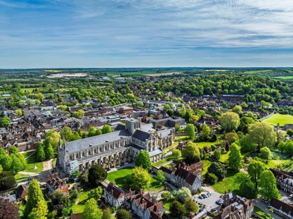Winchester Cathedral from a drone, Winchester, Hampshire, England, United Kingdom
