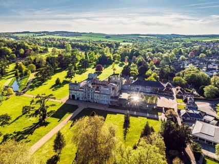 Wilton House from a drone, Wilton, River Nadder, Salisbury, Wiltshire, England, United Kingdom