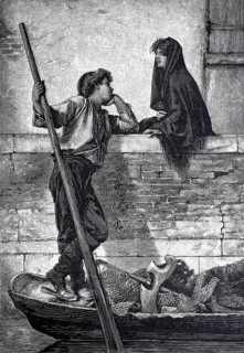 Young couple in love from Venice in Italy, an intimate conversation between a gondolier on their