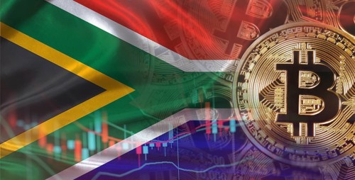 Bitcoin cryptocurrency with South African flag, Investors in Blockchain Technology. South African