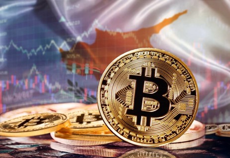 Bitcoin with Cypriot flag in the background. Investors in cryptocurrency and Blockchain Technology