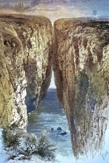 Huntsman's Leap crevice or hunter's jump in Pembrokeshire, Wales, illustration, reproduction from a