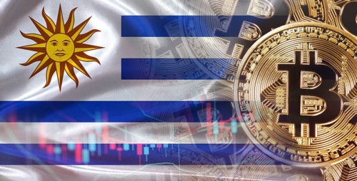 Bitcoin cryptocurrency with Uruguayan flag. Investors in Blockchain Technology with Uruguay flag