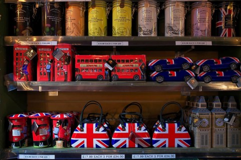 Miniatures of red telephone box, double-decker bus, Union Jack, souvenir shop, souvenirs,