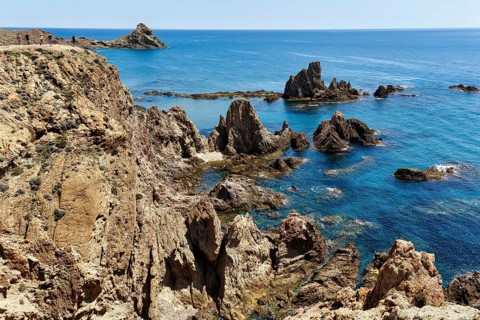 Bizarre rock formations by the sea, volcanic rock, cliffs, San José, San Jose, Cabo-de-Gata-Nijar,