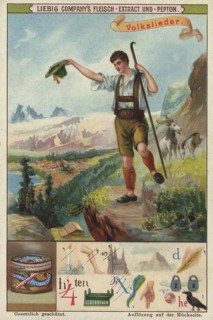 Picture series search game puzzles, rebus, folk songs, hikers in traditional traditional costume in