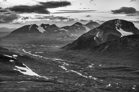 View over the Ruohtesvagge valley to the Akka massif and Mount Nijak, Sarek National Park, Laponia