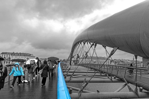 Vater Bernatka wooden walkway, modern bridge over the Vistula, black and white, Krakow, Poland