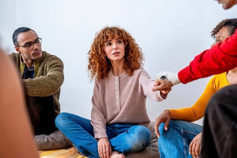 Diverse adults seated in a circle during a group therapy session, a red haired woman shaking hands