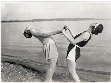 Bathing, swimwear, leisure, summer, woman, gymnastics, canteen, two woman on the beach holding