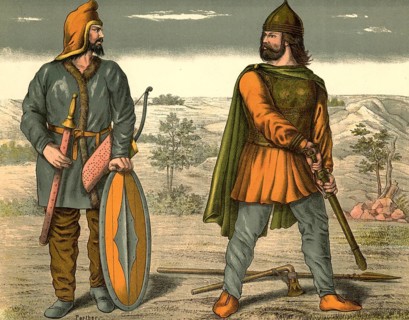 A historical costume or battle scene depicting two ancient peoples: a Parthian, equipped with a