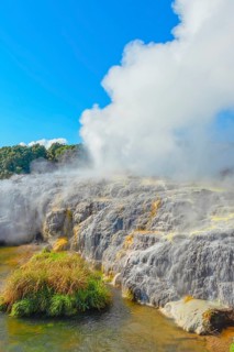 Prince of Wales and Pohutu geysers erupting, Te Puia Thermal Valley, Rotorua, Bay of Plenty, North