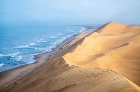 Sand dunes and sea in morning light, view of the Atlantic coast from high sand dunes, Sandwich