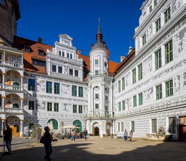 Residenzschloss, Altan and Sgrafitti in the large castle courtyard, Dresden, Saxony, Germany