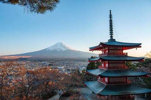 Five-story pagoda of a Shinto Shrine, Chureito Pagoda, with views of Fujiyoshida City and Mount
