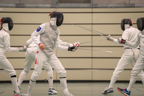 Fencing team doing exercises, synchronized movements in full equipment, fencing, TSV Calw, Calw