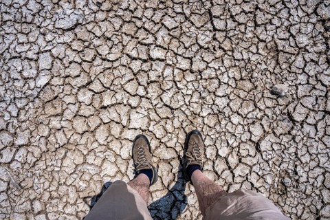 Dried riverbed, brittle floes, extreme low water, Rhine level at 41 cm, downward trend, freighters
