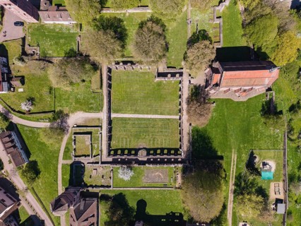 Aerial view, top down view of the Hirsau monastery ruins, a former important Benedictine abbey in