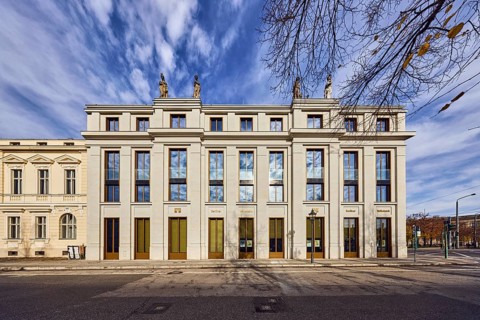 Berliner Volksbank eG, historic commercial building, street, branches, blue sky, cumulus clouds,