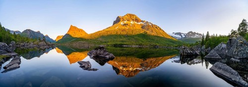 Panorama, picturesque mountain landscape in the Innerdalen high valley with Innerdalstårnet summit,