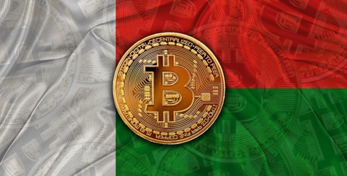Investors in Blockchain Technology with Madagascar flag background. Bitcoin cryptocurrency with