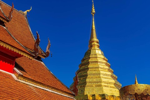 Gilded Chedi temple tower, stupa and gilded canopy, Wat Phra That Doi Suthep temple complex, Chiang