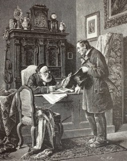 Emigration agent. An elderly, bearded man is sitting at his massive desk wearing glasses and a cap.