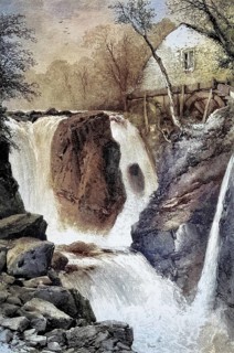 Pandy Mill and associated waterfall near Betws-y-Coed in North Wales, Wales, illustration,