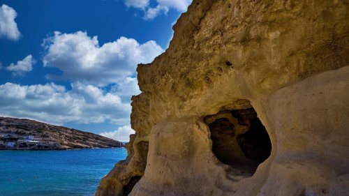Sky changed, Neolithic caves, former hippie paradise, rock formations with large caves, view of the