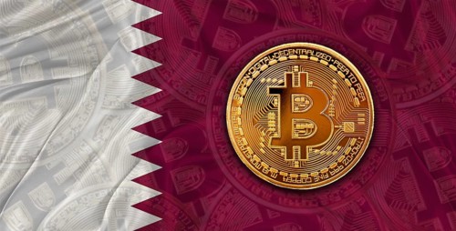 Investors in Blockchain Technology with Qatar flag background. Bitcoin cryptocurrency with Qatari