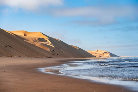 Atlantic coast with sand dunes, Namib desert and sea, desert landscape, Namib Naukluft Park,