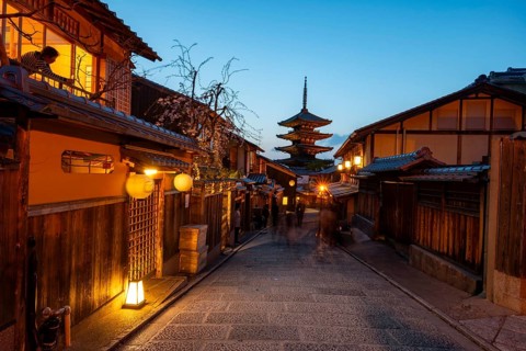 Yasaka dori historic street in the old town with traditional Japanese houses, five-story Yasaka