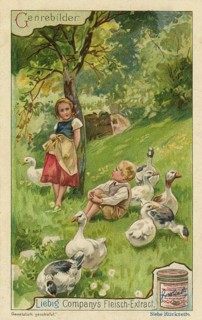 Picture series of genre paintings, showing an everyday, rural scene with children and geese,