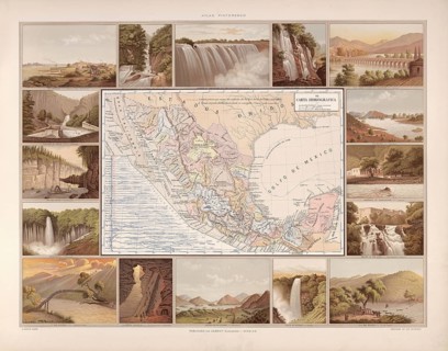 Hydrographic map of Mexico, around 1900, waterways, rivers, lakes, illustration, reproduction from