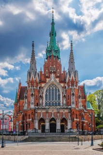 Close view of Saint Joseph Church in Podgorze, Krakow, Poland, showing red brick Gothic