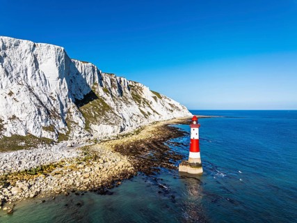 Beachy Head Lighthouse from a drone, Beachy Head Cliffs, English Channel, East Sussex, England,