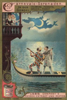 Picture series Carnival Serenades, Harlequin and Pierrot serenading a woman in a gondola, picture