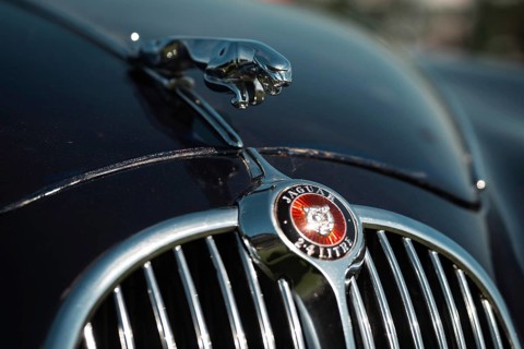 WROCLAW, POLAND - MAY 1, 2026: Close-up detail of classic luxury car JAGUAR front grille and hood