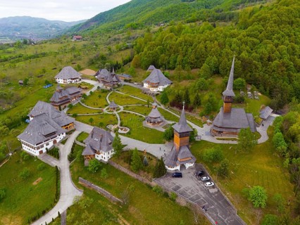 Monastery surrounded by nature, surrounded by dense vegetation, from a bird's eye view, Bârsana