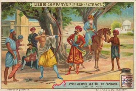 Picture series Prince Achmed and the Fairy Paribanu, Prince Achmed doing archery while trying to