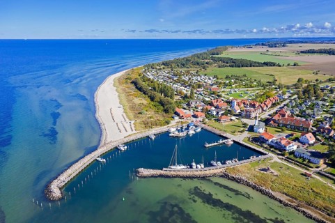 Aerial view over sailing boats and in the marina, harbour of Timmendorf Strand, Insel Poel, island
