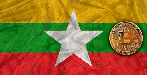Investors in Blockchain Technology with Myanmar flag background. Bitcoin cryptocurrency with